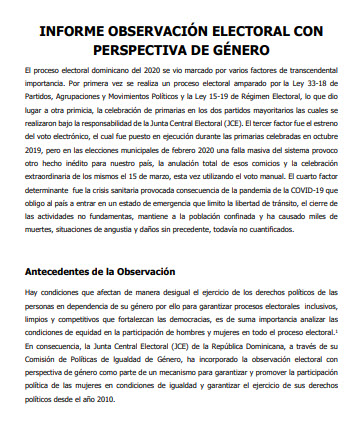 INFORME OBSERVACIÓN ELECTORAL CON PERSPECTIVA DE GÉNERO ELECCIONES 2020